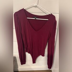 Lulu's Deep Red V-Neck Long Sleeve Bodysuit